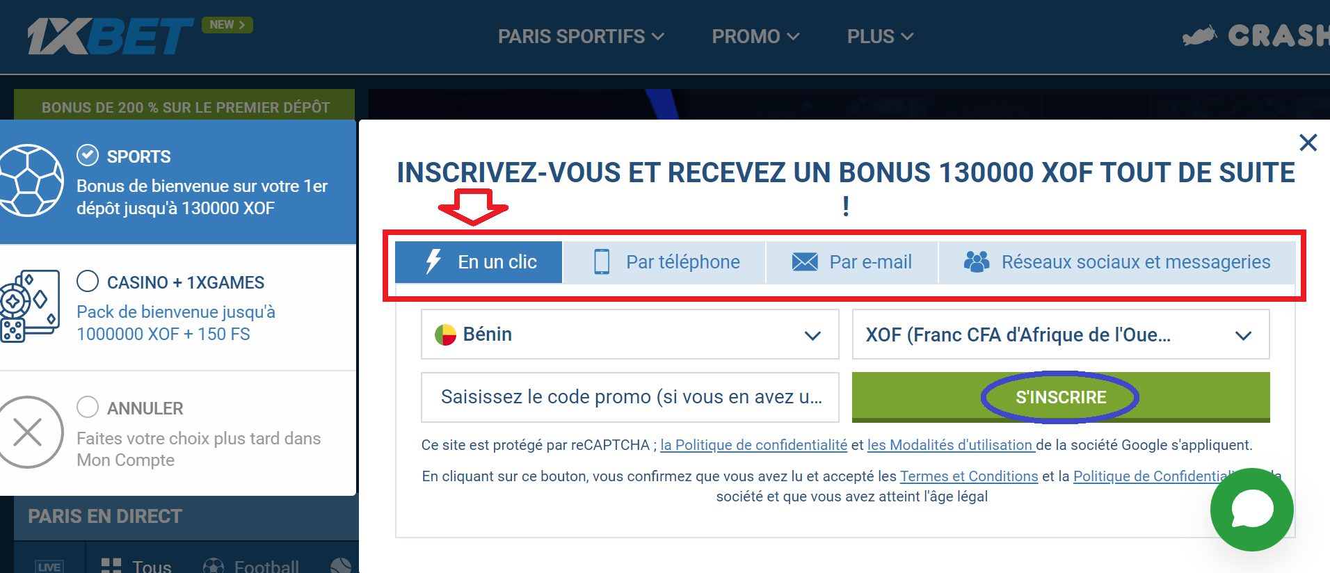 1xBet inscription en un clic